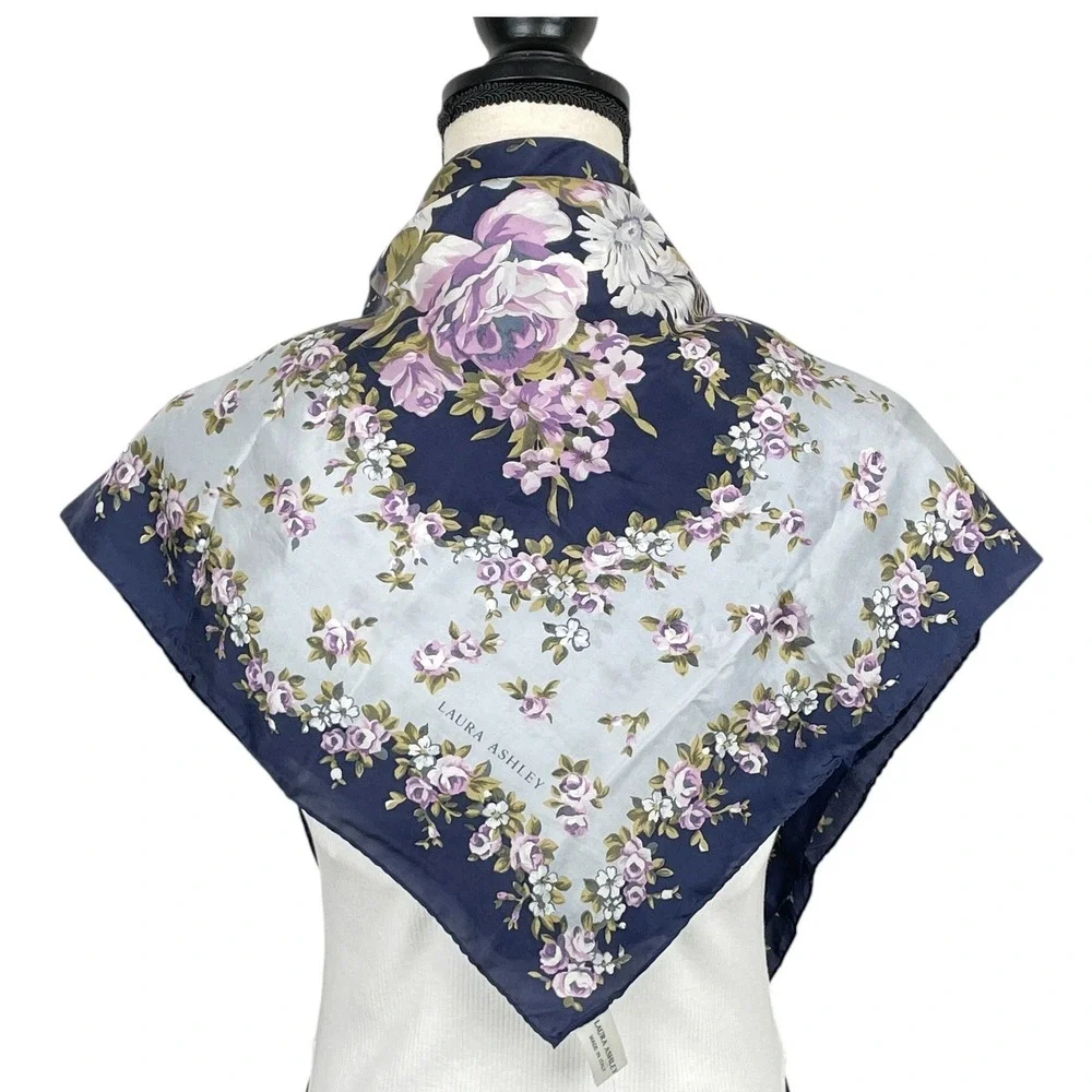 VTG Laura Ashley Silk Scarf Blue Floral Square Made in Italy 34x34 Cottagecore
